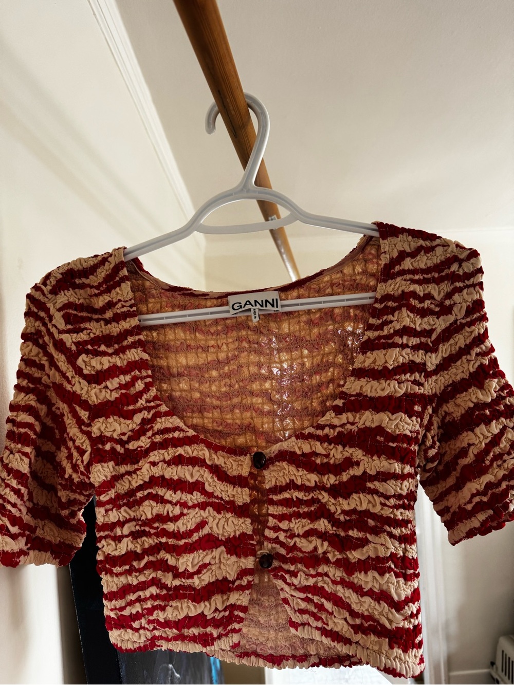 Ganni Red and Cream Ruched Stripe Crop Top